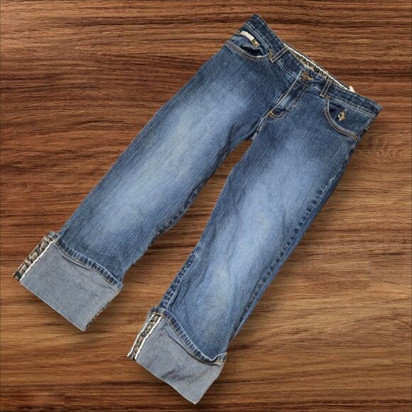 Baby Phat Cropped Denim Low Rise Cat Logo Jeans with Cuffed Hem - Picture 1 of 10